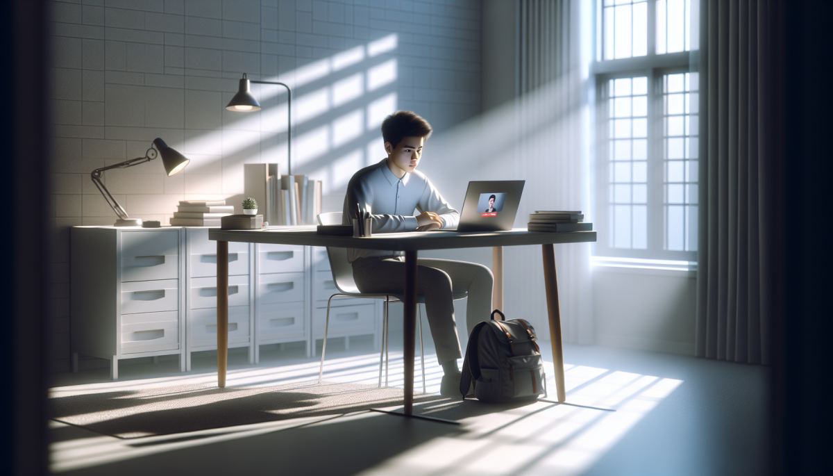 A college student faces an AI-driven video interview screening on a laptop, replacing traditional human recruiters