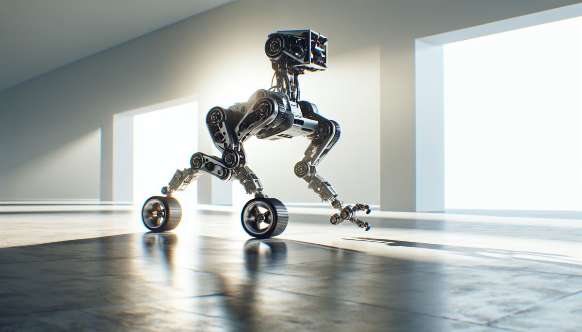 Roadrunner bipedal wheeled robot demonstrating hybrid locomotion across mixed terrain surfaces