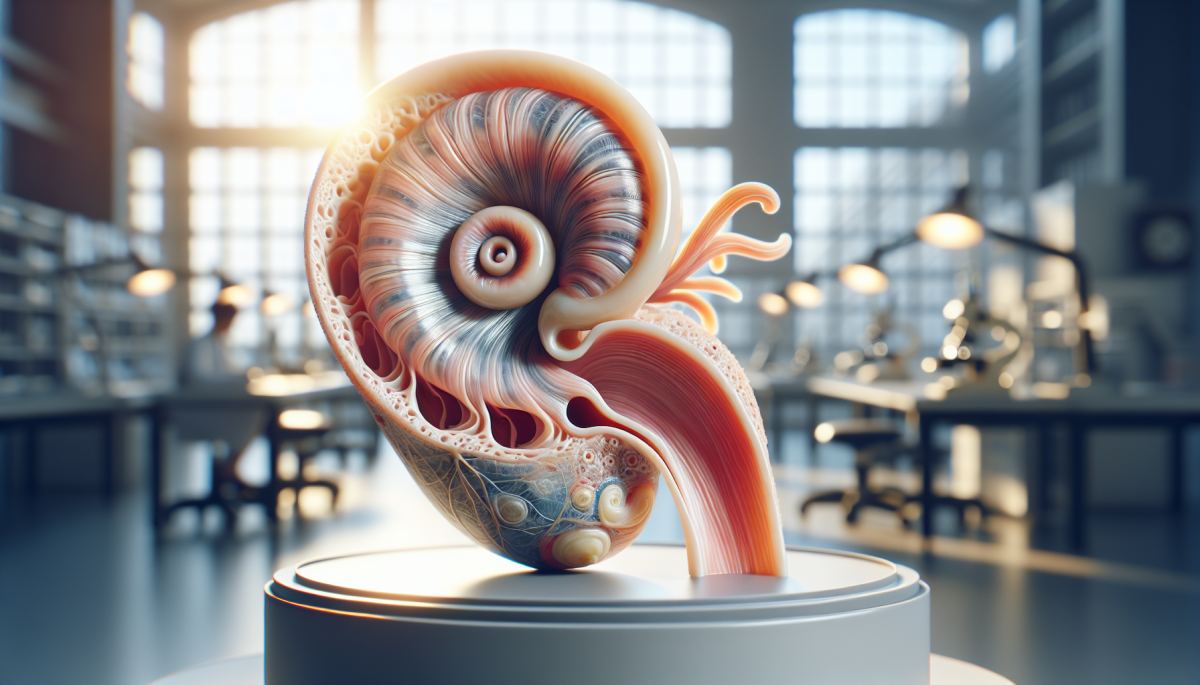 Cross-section model of the human cochlea, the spiral inner ear structure targeted by gene therapy injections