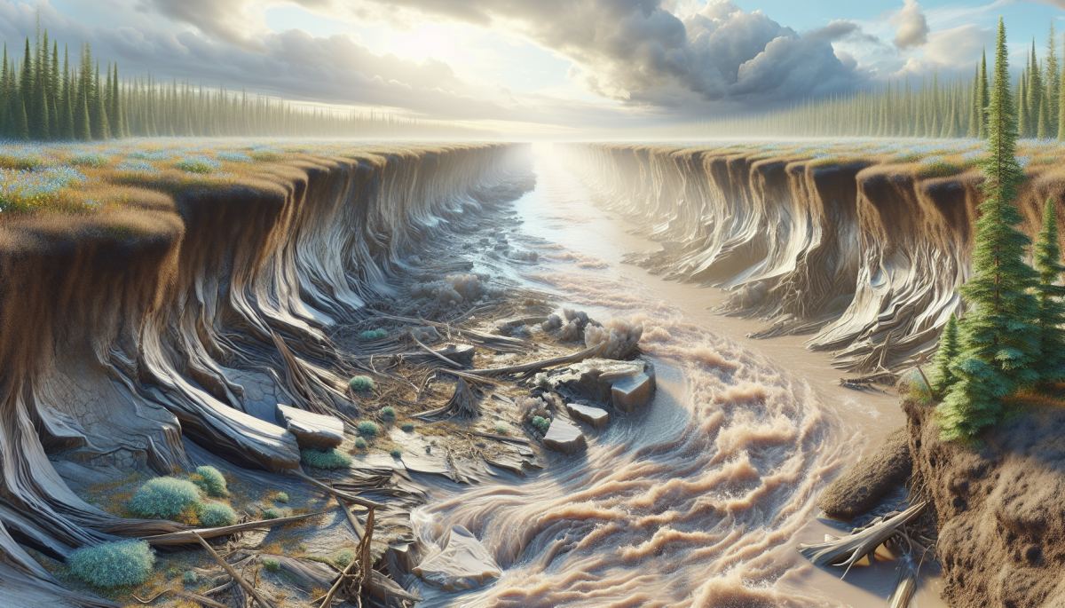 Thawing permafrost along an Arctic riverbank in northern Alaska exposes ancient frozen soil layers