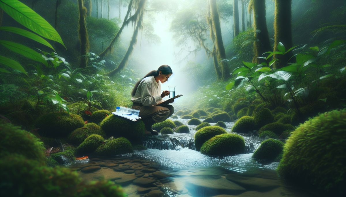 A paraecologist collects a water sample in Ecuador's cloud forest amid copper mining pressure in the southeast.