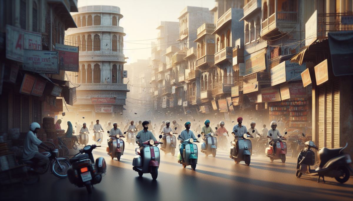 Electric scooters navigate a busy Indian city street, the dominant form of daily transport for millions