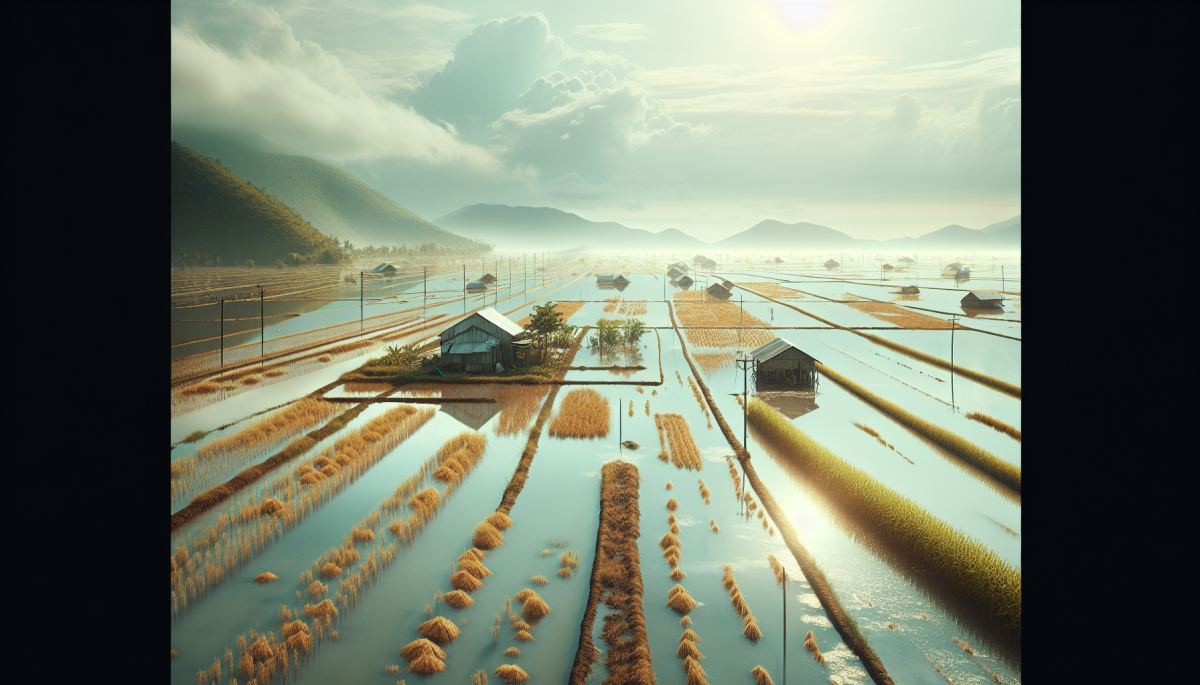 Saltwater intrusion floods low-lying coastal farmland in South or Southeast Asia, threatening food and water security