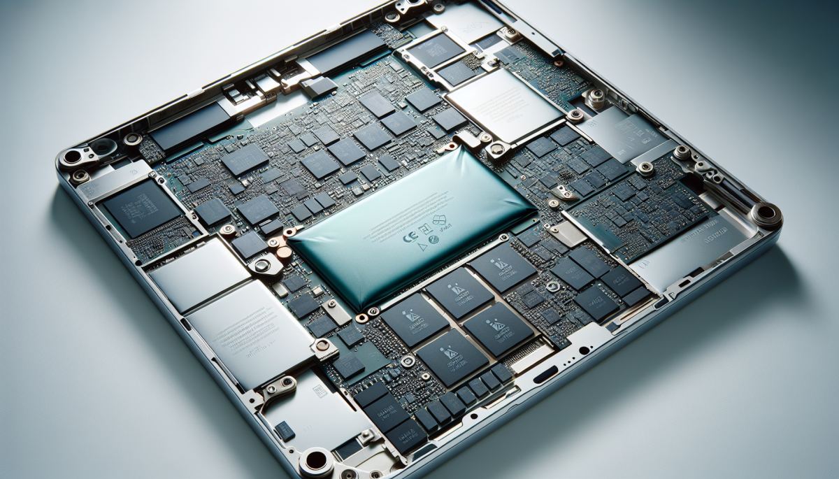 Soldered RAM and glued battery inside a disassembled Apple MacBook, illustrating design choices that limit repairability