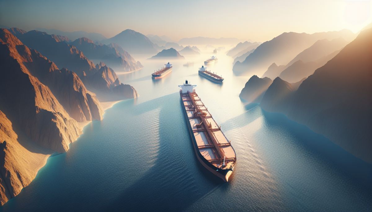 Oil tankers navigate the Strait of Hormuz, the narrow waterway between Iran and Oman carrying 20% of global oil