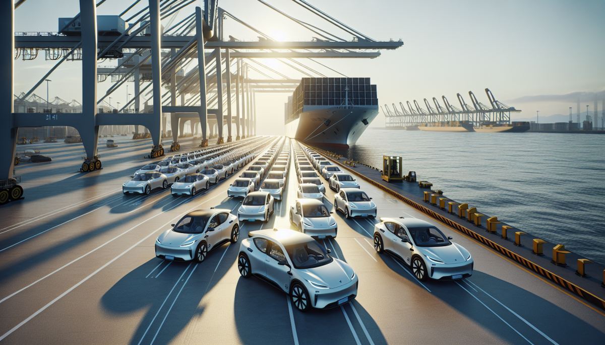 Chinese electric vehicles and solar panels loaded at an export terminal, the goods driving China's 2024 growth surge