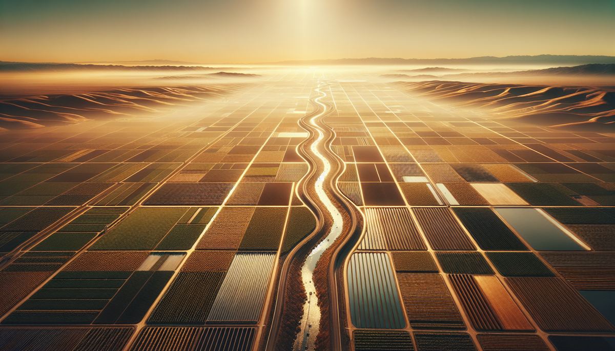 Aerial view of California's Central Valley farmland, where PFAS contamination in soil and irrigation water poses widespread crop risks