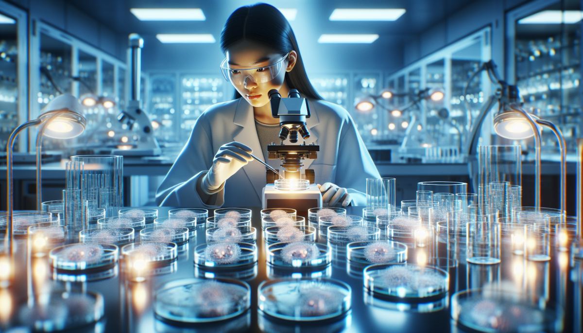 Laboratory researcher examines cellular samples in a longevity biotech lab studying partial reprogramming techniques