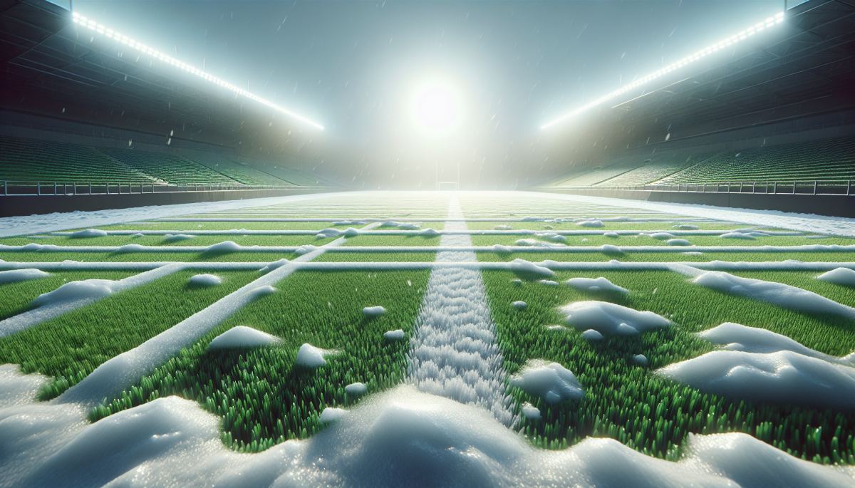 Synthetic turf field glows an unnatural green against a winter landscape, replacing natural grass on a university campus.