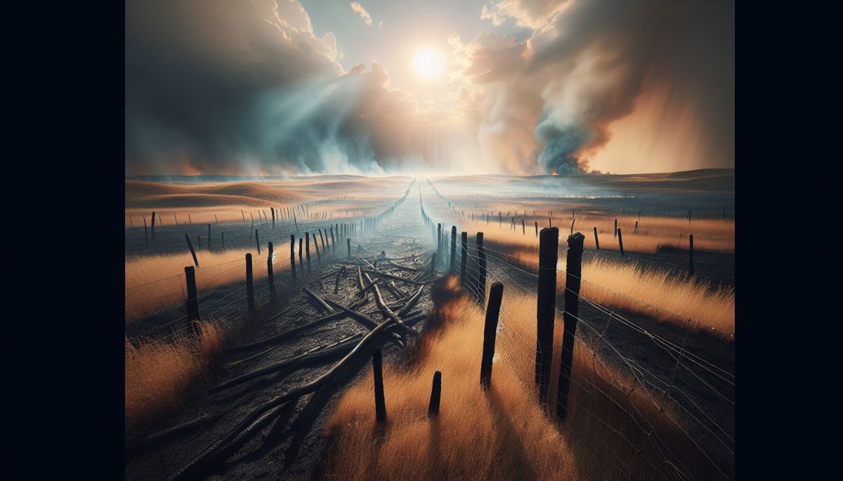 Burned Nebraska grassland with scorched fence posts and charred pasture stretching to the horizon