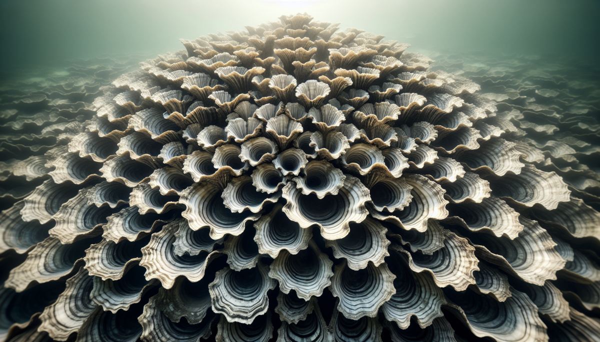 Irregular ridged oyster reef structure showing the geometric complexity that creates protective microenvironments for juvenile spat