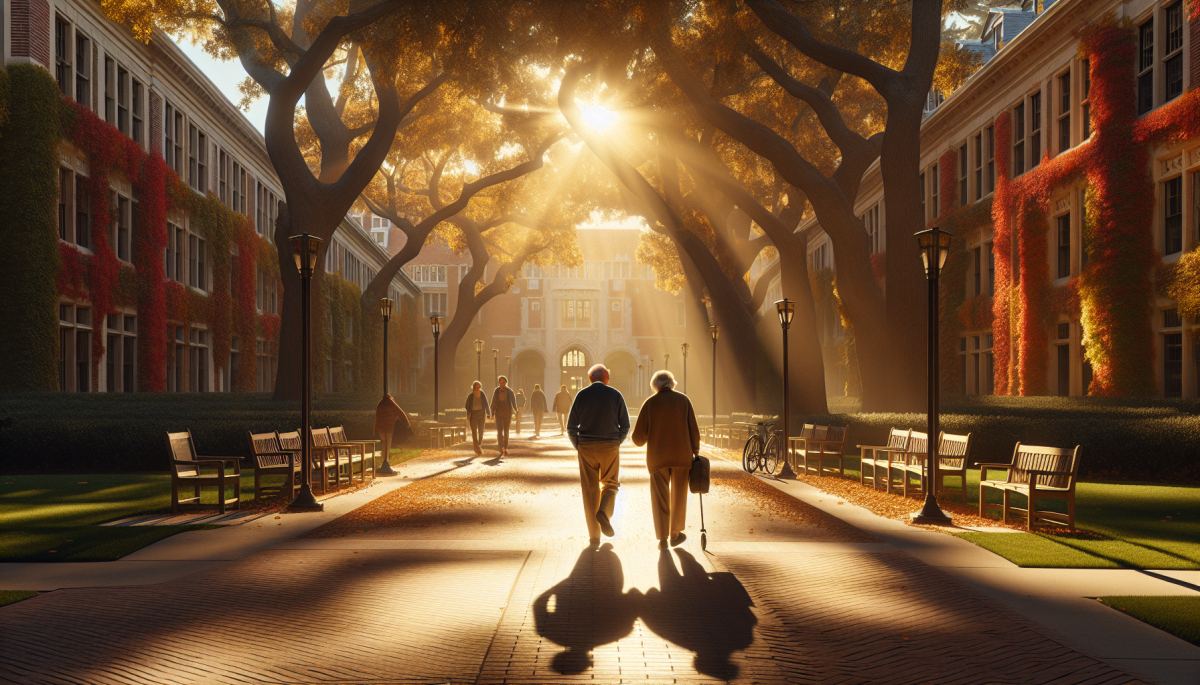 Older adults walk a tree-lined university campus path near a retirement community building, blending academic and residential life.