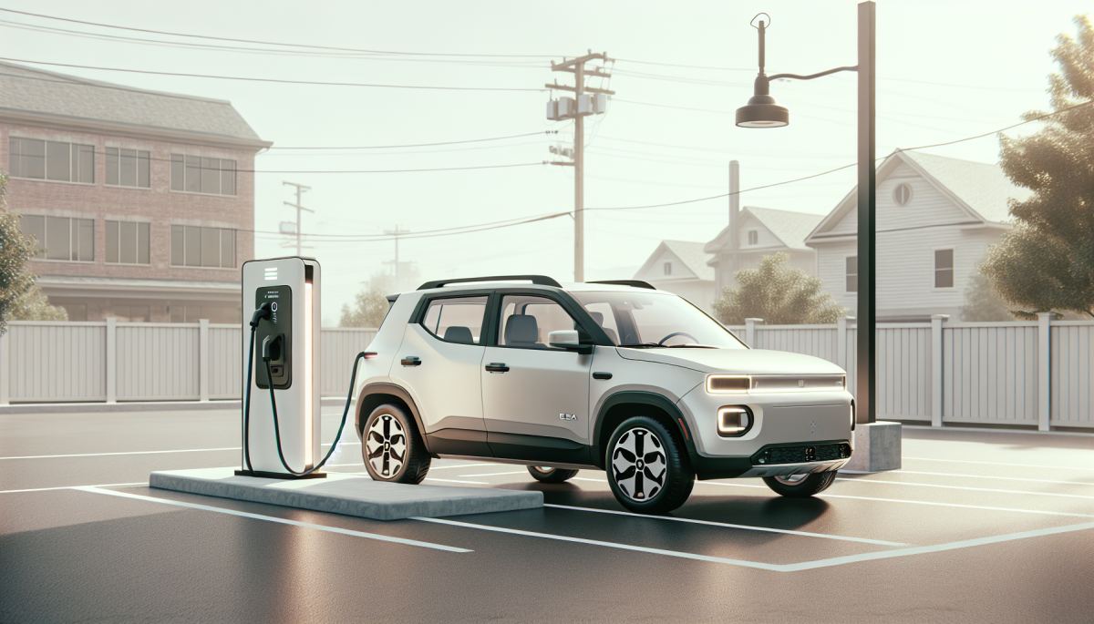 A compact electric SUV at a suburban charging station, representing Tesla's push into the affordable EV segment