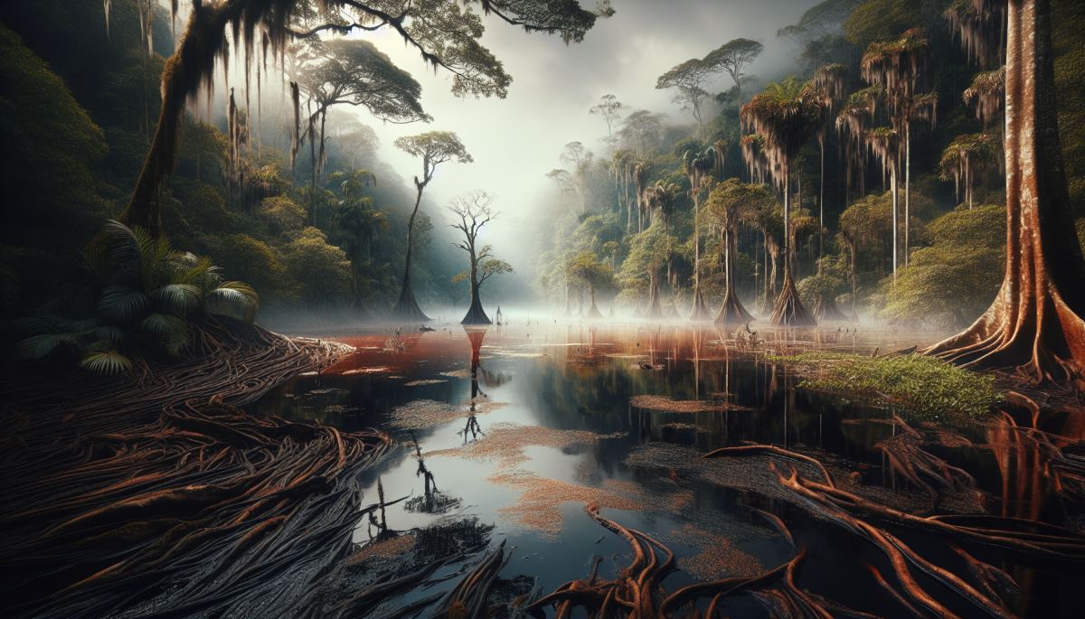 Dark tannin-stained blackwater lake in the Congo Basin's Cuvette Centrale peatland region