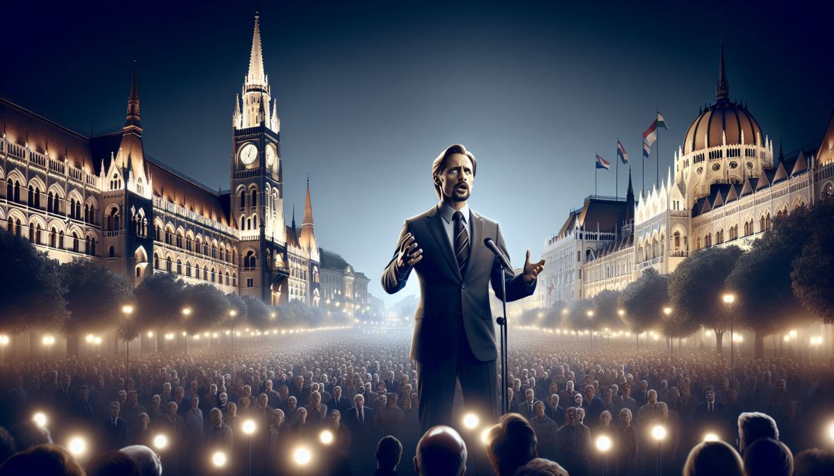 Péter Magyar addresses supporters at a Tisza party rally in Budapest following the historic election result