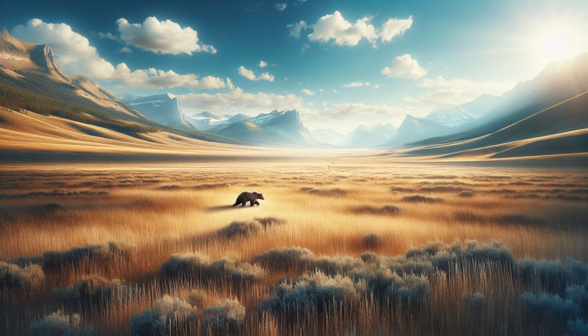 A grizzly bear moves through open prairie grassland in eastern Montana, far from its traditional mountain habitat.