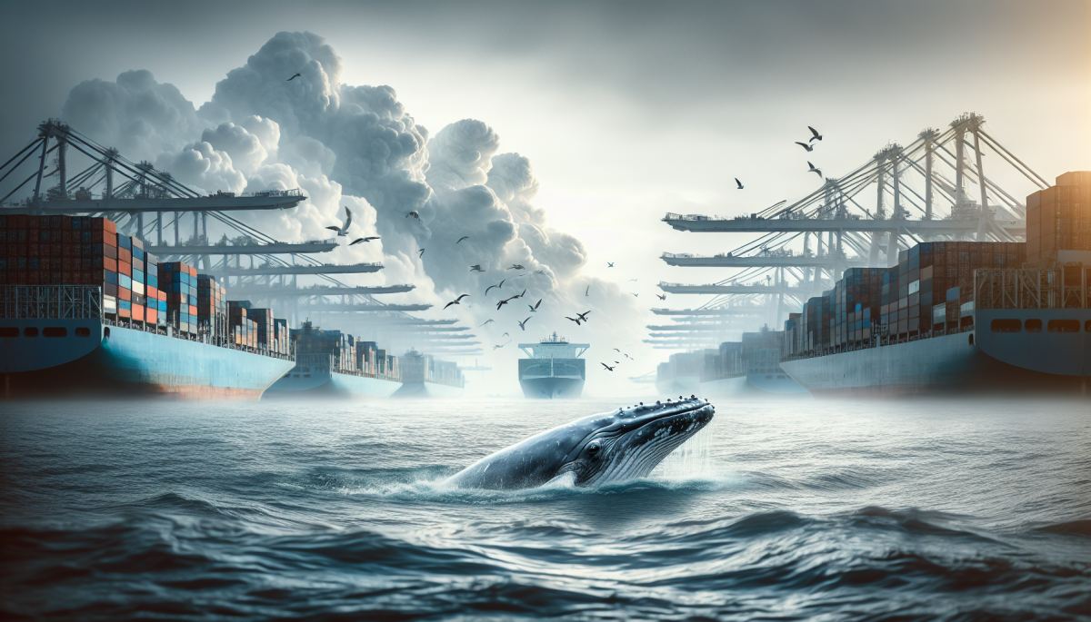 A gray whale surfaces in San Francisco Bay near container ship traffic, highlighting the deadly collision risk (max 120 chars)