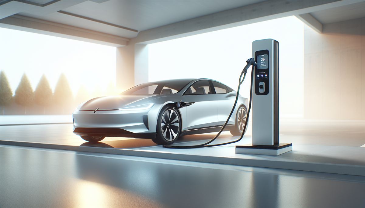 800-volt DC fast charger connected to a luxury electric sedan, illustrating high-speed charging architecture (max 120 chars)