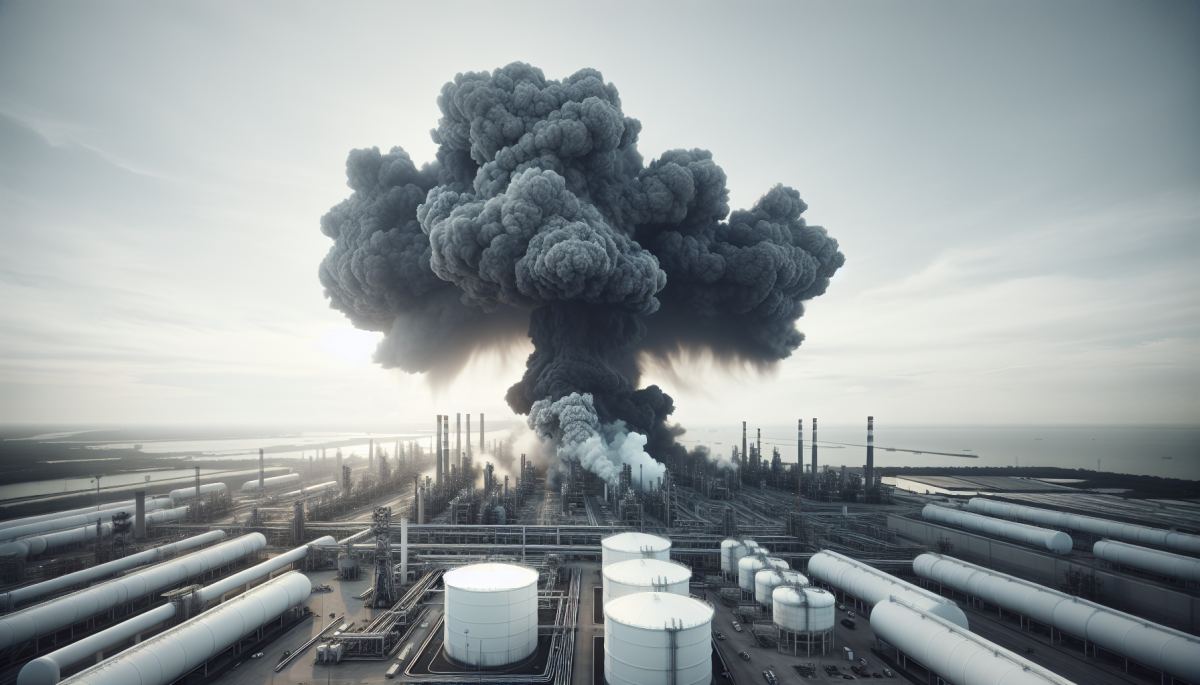 Thick black smoke billows from the Intercontinental Terminals Company fire in Deer Park, Texas, March 2019