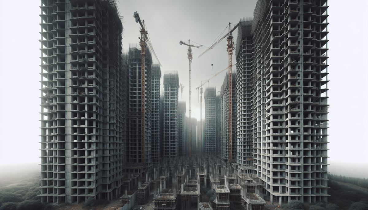 Unfinished residential towers stand abandoned in a Chinese city, part of the vast ghost inventory of incomplete developments.