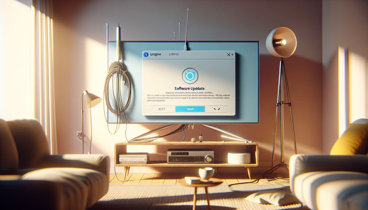 A Sony Bravia smart TV displaying a firmware update notification in a home living room setting