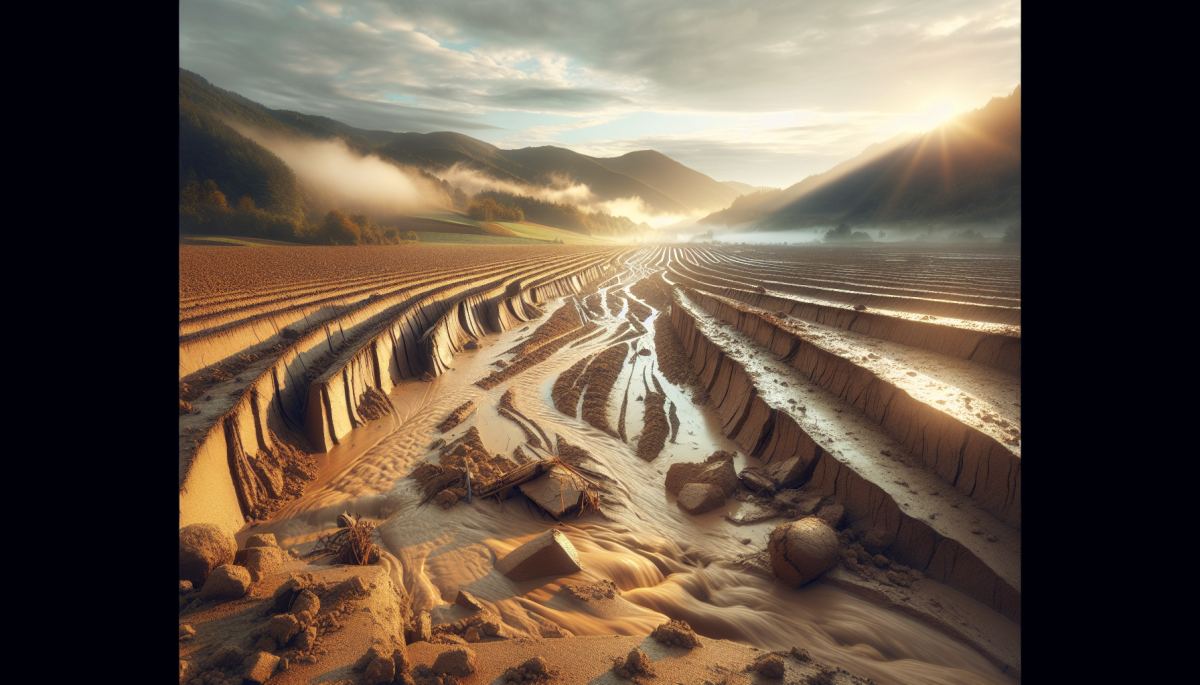 Eroded farmland in western North Carolina after Hurricane Helene stripped topsoil from agricultural fields