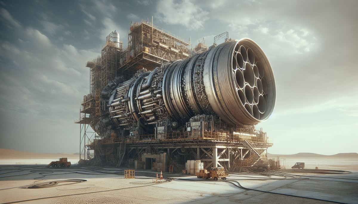 A NERVA nuclear thermal rocket engine on a test stand, the 1960s program that laid groundwork for modern nuclear propulsion