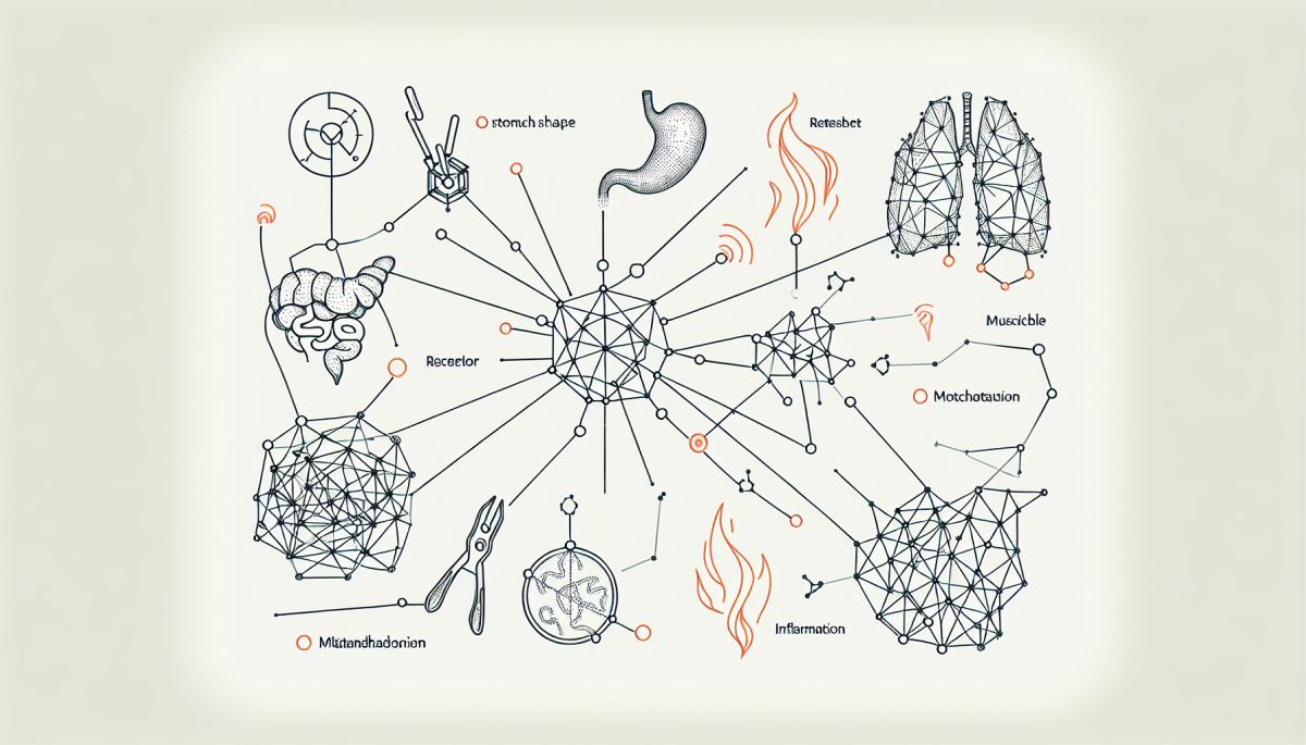 Ghrelin's GHSR receptor pathway in skeletal muscle, linking hunger signaling to inflammation, mitochondria, and muscle aging