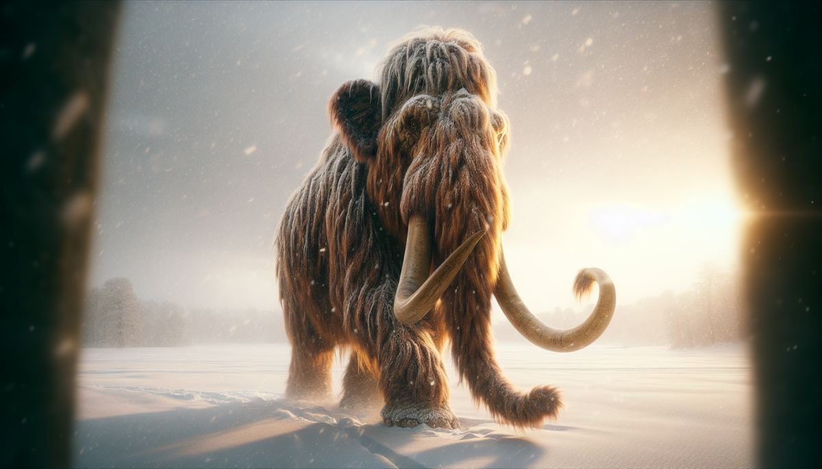 A photorealistic AI-generated scene similar to Sora demos: a woolly mammoth trudging through a snowy meadow