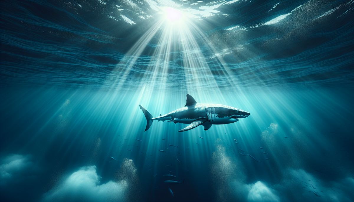 A great white shark cruises through cold Pacific waters off the California coast, where warming threatens its thermal range.