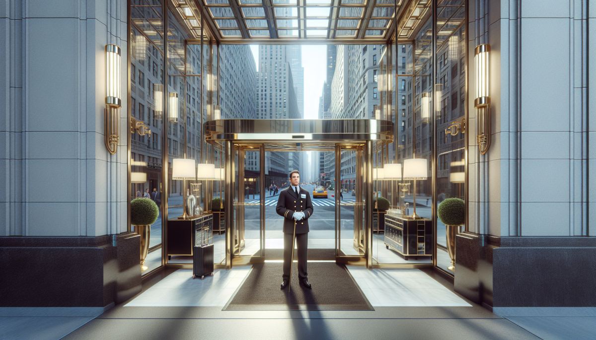 Doorman stands outside a luxury Manhattan residential tower, one of many service workers tied to second-home occupancy