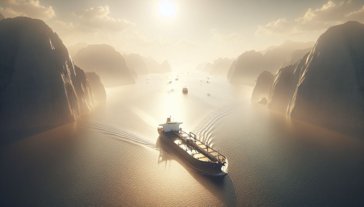 A commercial tanker navigates the narrow Strait of Hormuz, where 20% of the world's oil passes daily