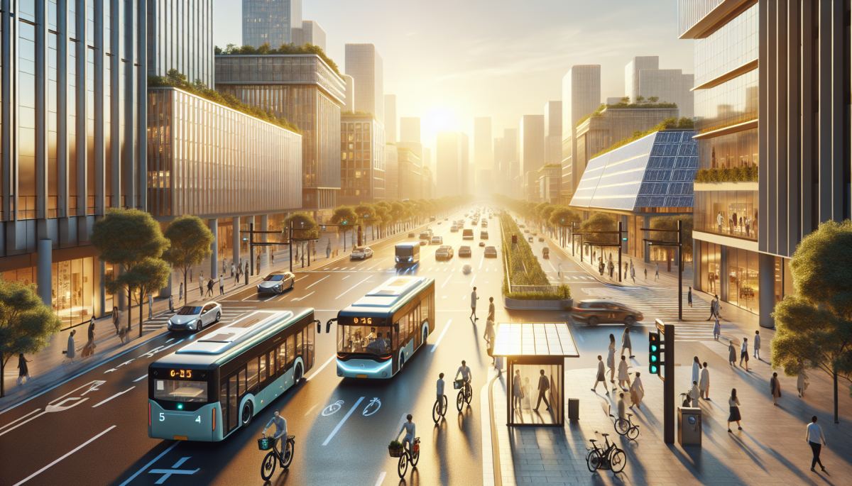 Urban bus rapid transit and electric vehicles share a city boulevard, representing municipal-level fossil fuel reduction efforts
